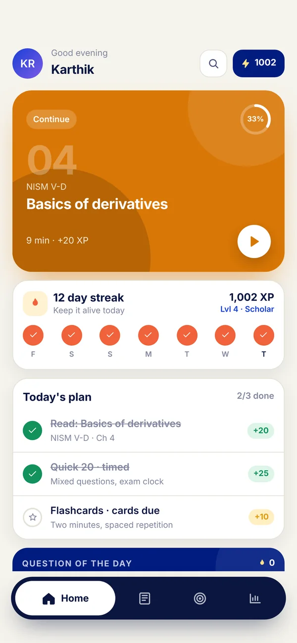 FundsSchool home screen with today’s plan, streak and XP