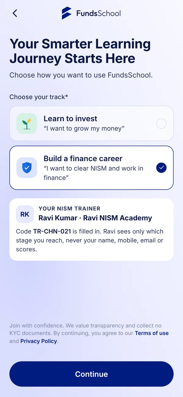 A learner joining FundsSchool with a trainer’s code